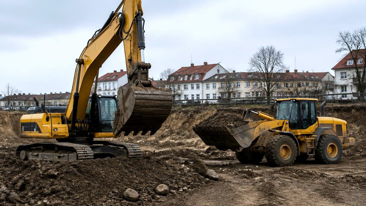 Bagger und Radlader bei Erdarbeiten auf einer Baustelle