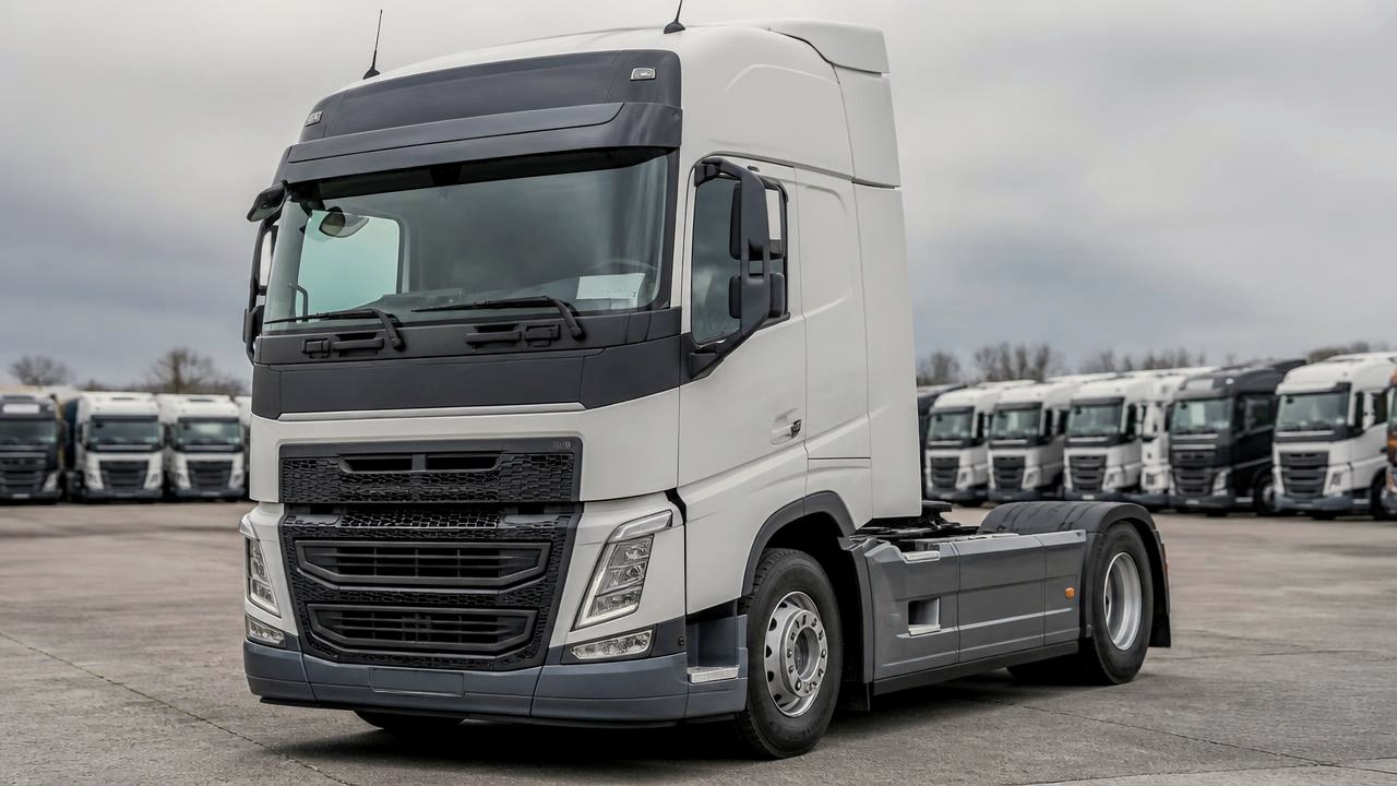 Moderne Sattelzugmaschine auf einem Speditionshof, weitere Lkw der Flotte im Hintergrund