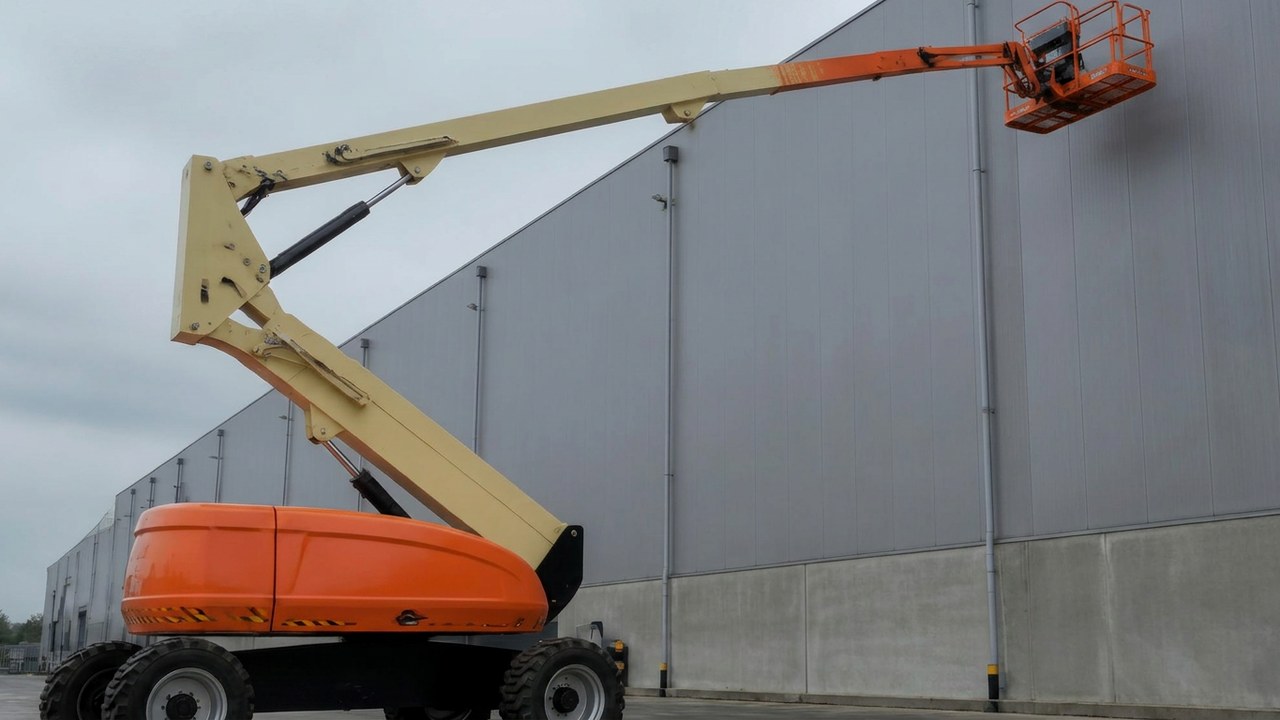 Gelenkteleskopbühne mit ausgefahrenem Arbeitskorb an einer Industriehalle