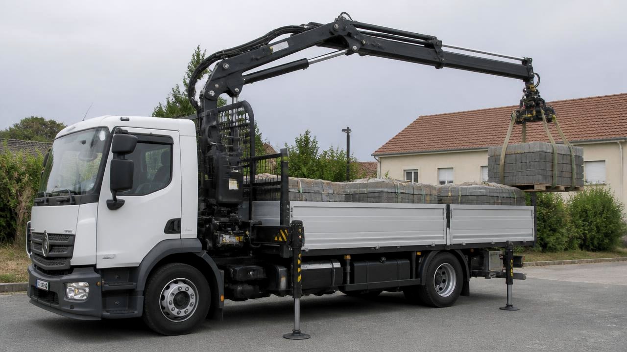 Lkw mit montiertem Ladekran beim Abladen von Baumaterial