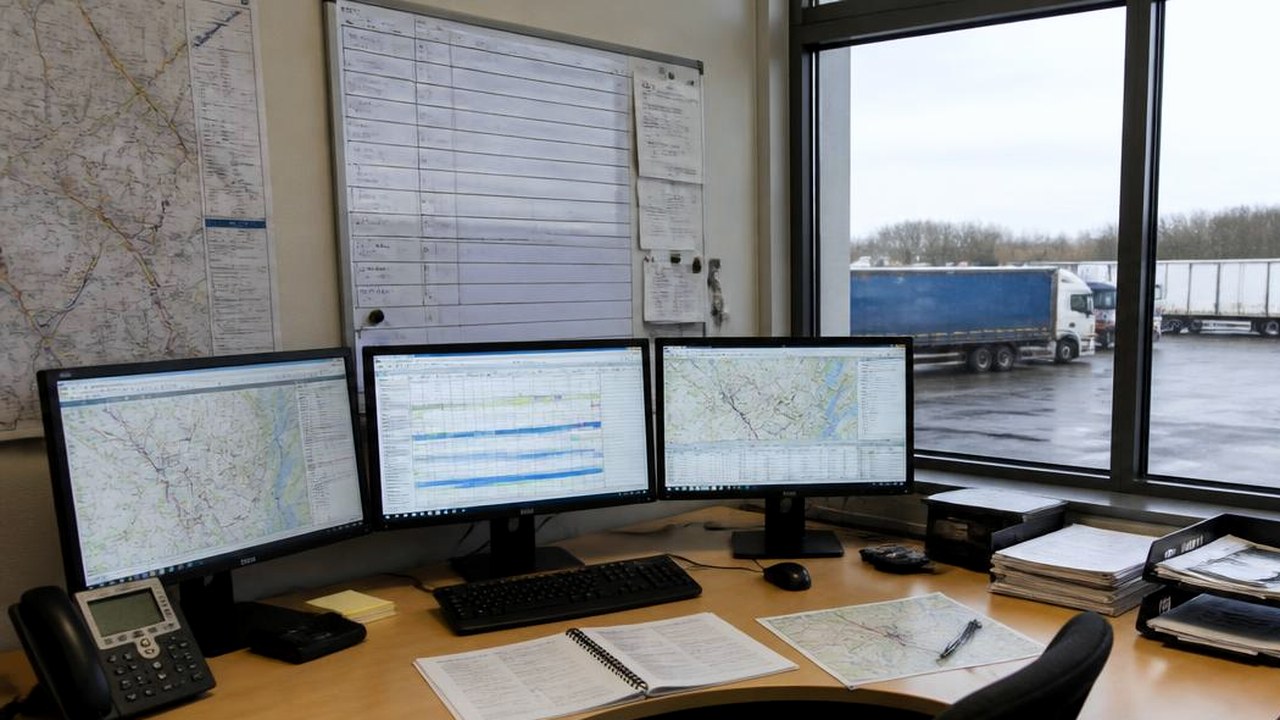 Dispositionsarbeitsplatz mit Tourenplanung am Bildschirm und Lkw-Hof vor dem Fenster